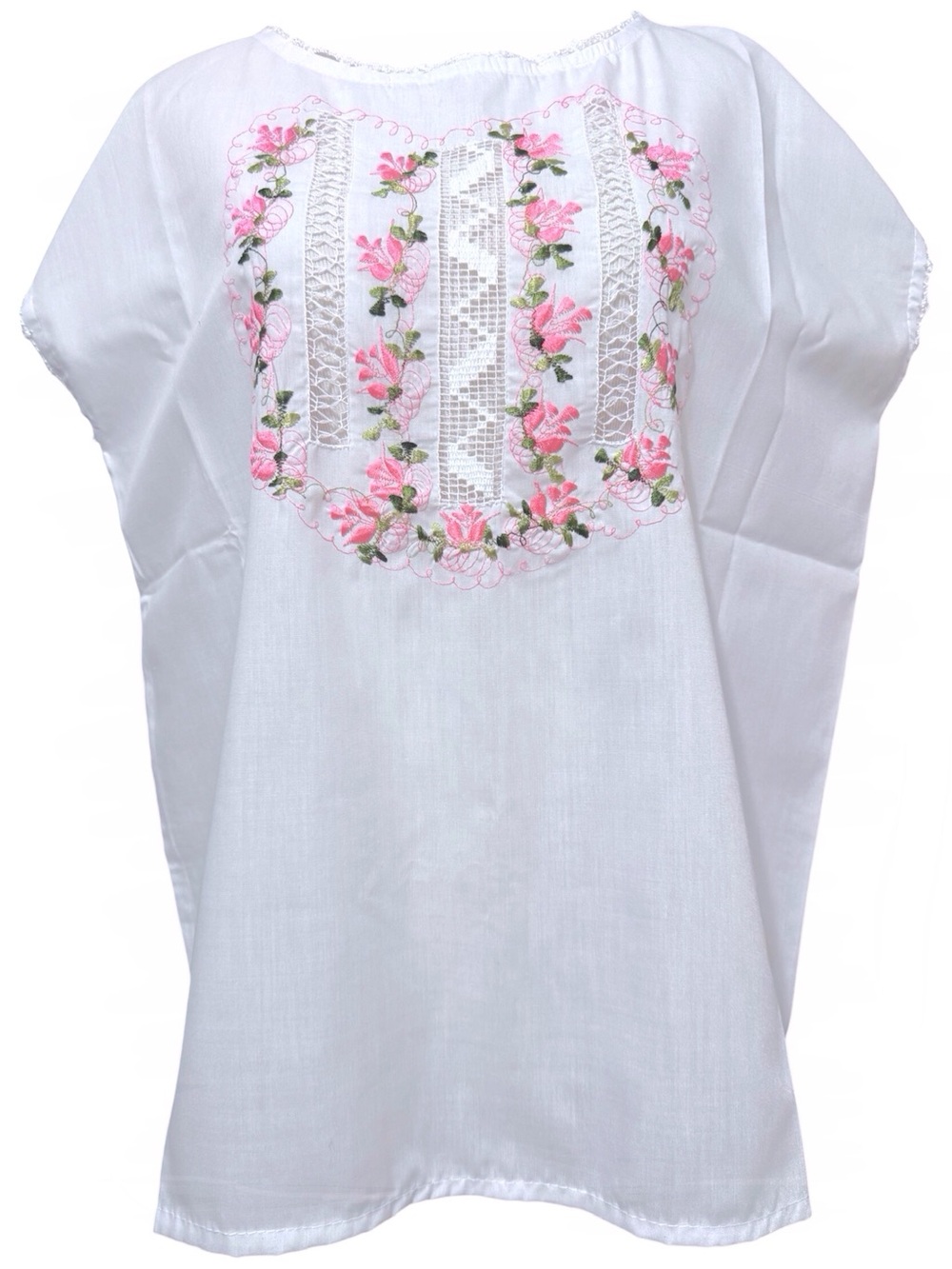 Handmade Mexican Manta Blouse in White Pink Green Floral Crochet Embroidered